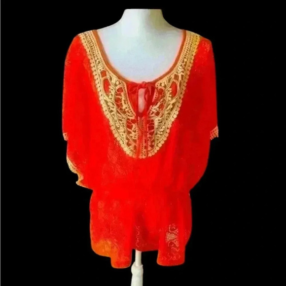 Lola B orange and cream swimsuit cover up. Silver studded in front. NWOT. Large. - Picture 1 of 13